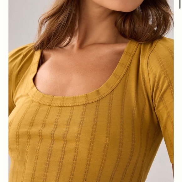 Anthropologie Pilcro Pointelle Scoop Neck Tee mustard color - Picture 12 of 13